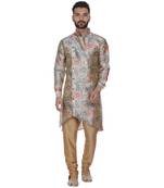 Beige Printed Brocade Silk Kurta Pajama