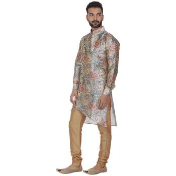 Beige Printed Brocade Silk Kurta Pajama 2