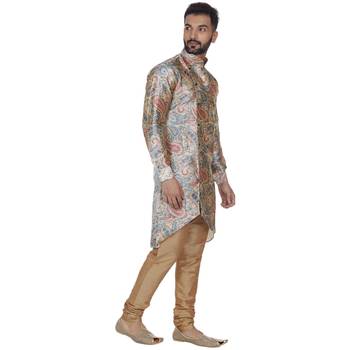 Beige Printed Brocade Silk Kurta Pajama 3