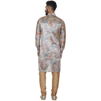 Beige Printed Brocade Silk Kurta Pajama 4