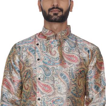 Beige Printed Brocade Silk Kurta Pajama 5