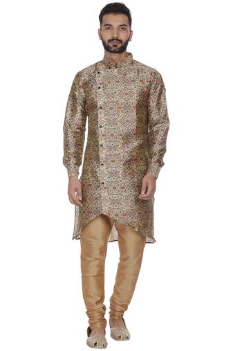Brown Printed Brocade Silk Kurta Pajama