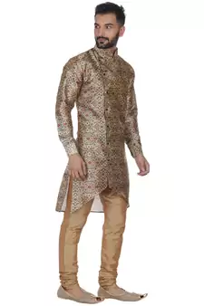 Brown Printed Brocade Silk Kurta Pajama