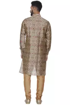 Brown Printed Brocade Silk Kurta Pajama