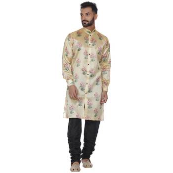 Beige Printed Brocade Silk Kurta Pajama 1