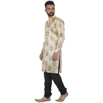Beige Printed Brocade Silk Kurta Pajama 2