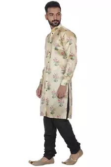 Beige Printed Brocade Silk Kurta Pajama