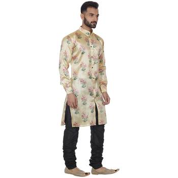 Beige Printed Brocade Silk Kurta Pajama 3