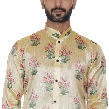 Beige Printed Brocade Silk Kurta Pajama 5