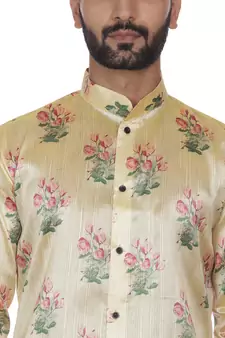 Beige Printed Brocade Silk Kurta Pajama