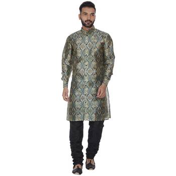 Green Printed Brocade Silk Kurta Pajama 1