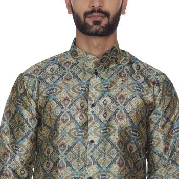 Green Printed Brocade Silk Kurta Pajama 5