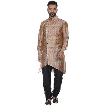 Beige Printed Brocade Silk Kurta Pajama 1