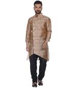 Beige Printed Brocade Silk Kurta Pajama