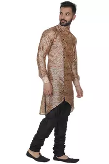 Beige Printed Brocade Silk Kurta Pajama
