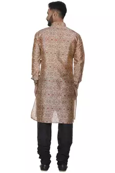 Beige Printed Brocade Silk Kurta Pajama