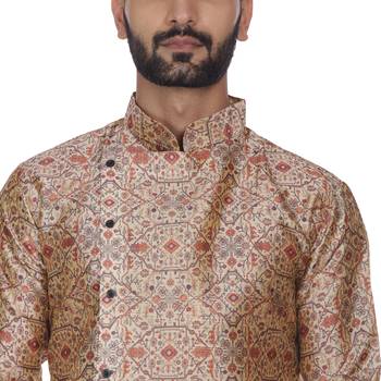 Beige Printed Brocade Silk Kurta Pajama 5