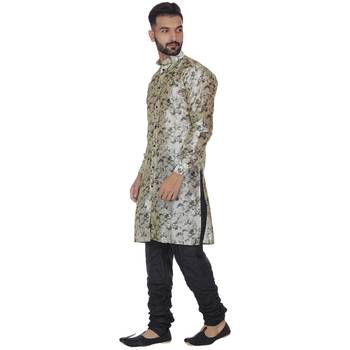 Beige Printed Brocade Silk Kurta Pajama 2