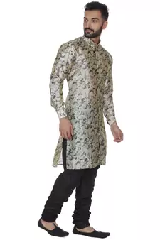 Beige Printed Brocade Silk Kurta Pajama
