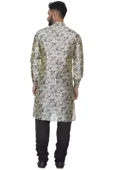 Beige Printed Brocade Silk Kurta Pajama