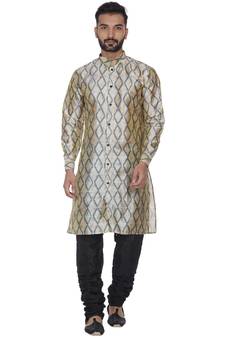 Beige Printed Brocade Silk Kurta Pajama