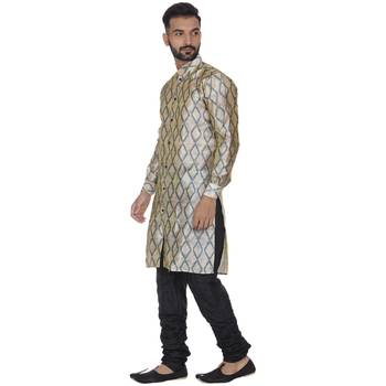 Beige Printed Brocade Silk Kurta Pajama 2