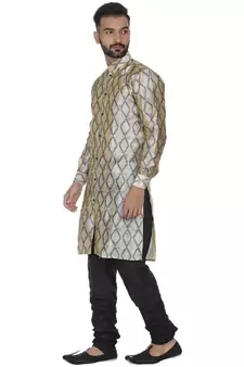 Beige Printed Brocade Silk Kurta Pajama