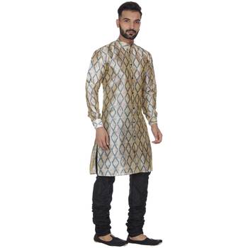 Beige Printed Brocade Silk Kurta Pajama 3