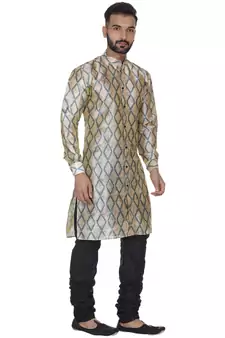 Beige Printed Brocade Silk Kurta Pajama
