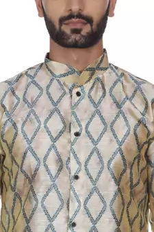 Beige Printed Brocade Silk Kurta Pajama