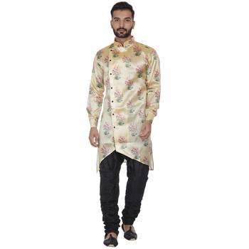 Beige Printed Brocade Silk Kurta Pajama 1