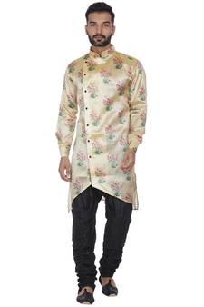 Beige Printed Brocade Silk Kurta Pajama