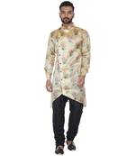 Beige Printed Brocade Silk Kurta Pajama