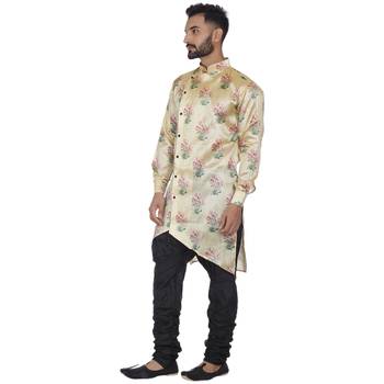 Beige Printed Brocade Silk Kurta Pajama 2