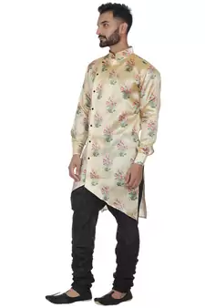 Beige Printed Brocade Silk Kurta Pajama