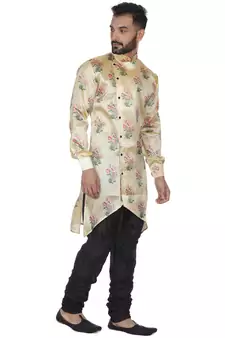 Beige Printed Brocade Silk Kurta Pajama