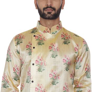 Beige Printed Brocade Silk Kurta Pajama 5