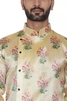 Beige Printed Brocade Silk Kurta Pajama