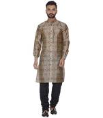 Brown Printed Brocade Silk Kurta Pajama