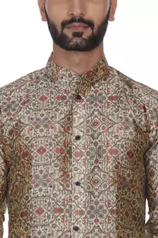 Brown Printed Brocade Silk Kurta Pajama