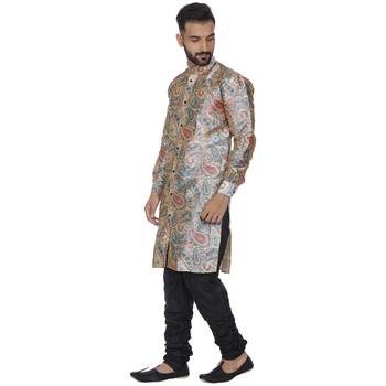 Beige Printed Brocade Silk Kurta Pajama 2