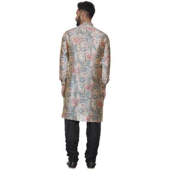 Beige Printed Brocade Silk Kurta Pajama 4