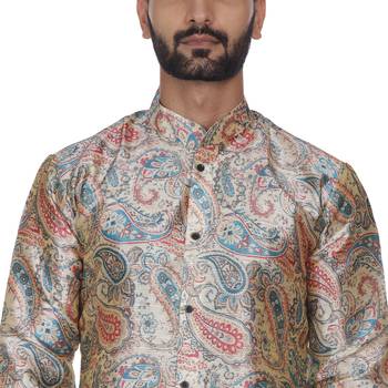 Beige Printed Brocade Silk Kurta Pajama 5