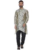 Beige Printed Brocade Silk Kurta Pajama