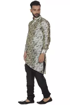 Beige Printed Brocade Silk Kurta Pajama