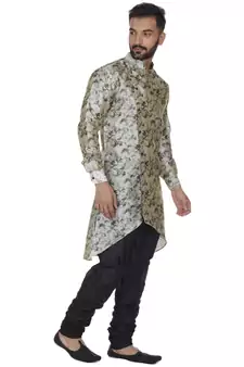 Beige Printed Brocade Silk Kurta Pajama