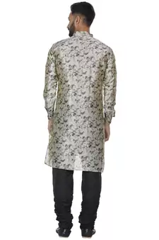 Beige Printed Brocade Silk Kurta Pajama