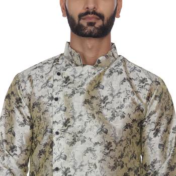 Beige Printed Brocade Silk Kurta Pajama 5
