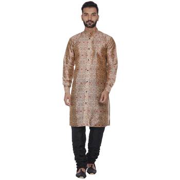 Beige Printed Brocade Silk Kurta Pajama 1