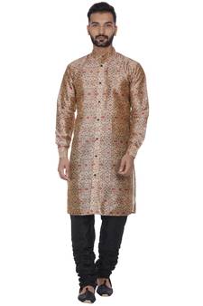 Beige Printed Brocade Silk Kurta Pajama